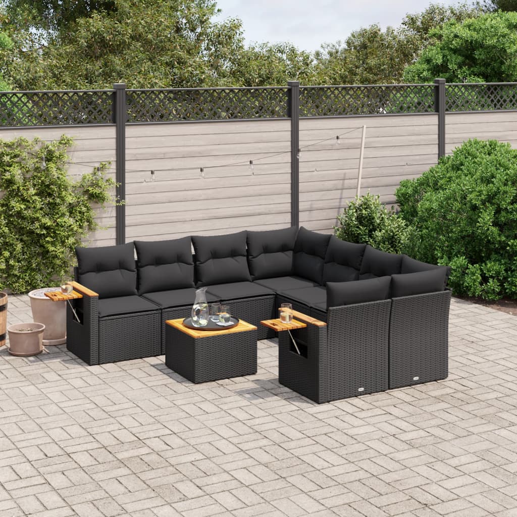9-tlg. Garten-Sofagarnitur mit Kissen Schwarz Poly Rattan