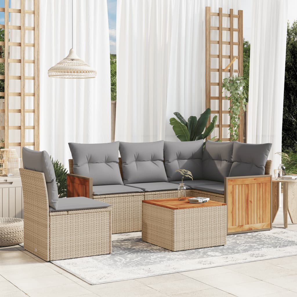 6-tlg. Garten-Sofagarnitur mit Kissen Beige Poly Rattan