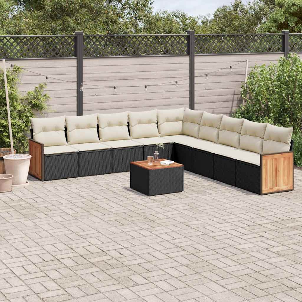 10-tlg. Garten-Sofagarnitur mit Kissen Schwarz Poly Rattan