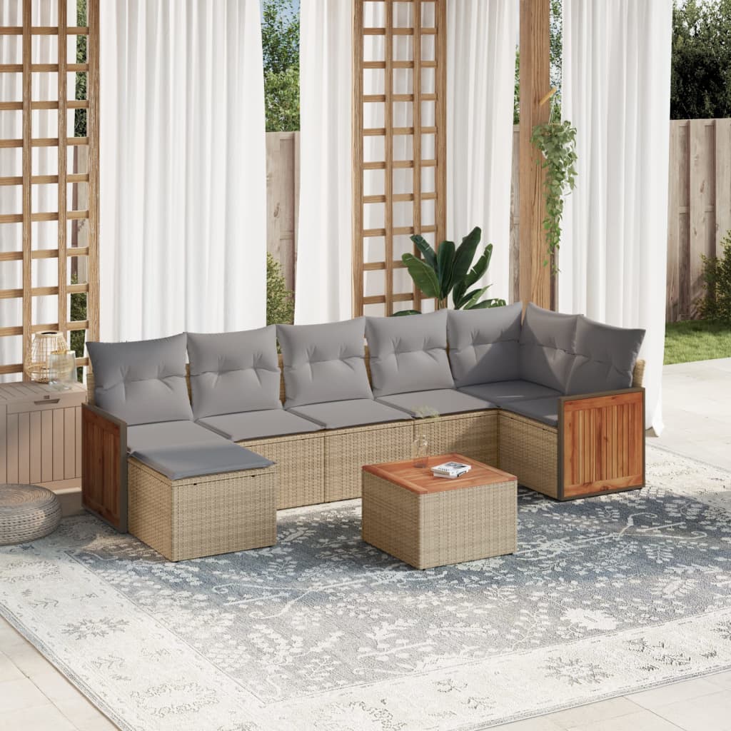 8-tlg. Garten-Sofagarnitur mit Kissen Beige Poly Rattan