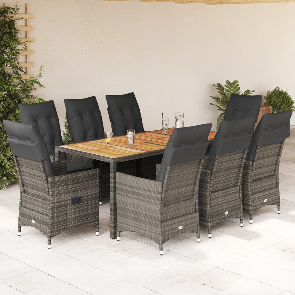 9-tlg. Garten-Essgruppe mit Kissen Grau Poly Rattan