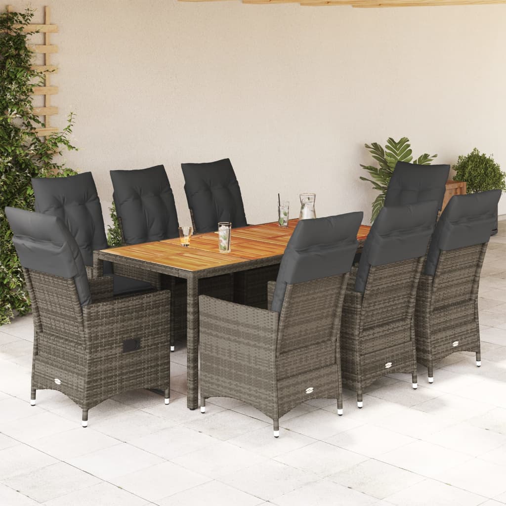 9-tlg. Garten-Essgruppe mit Kissen Grau Poly Rattan