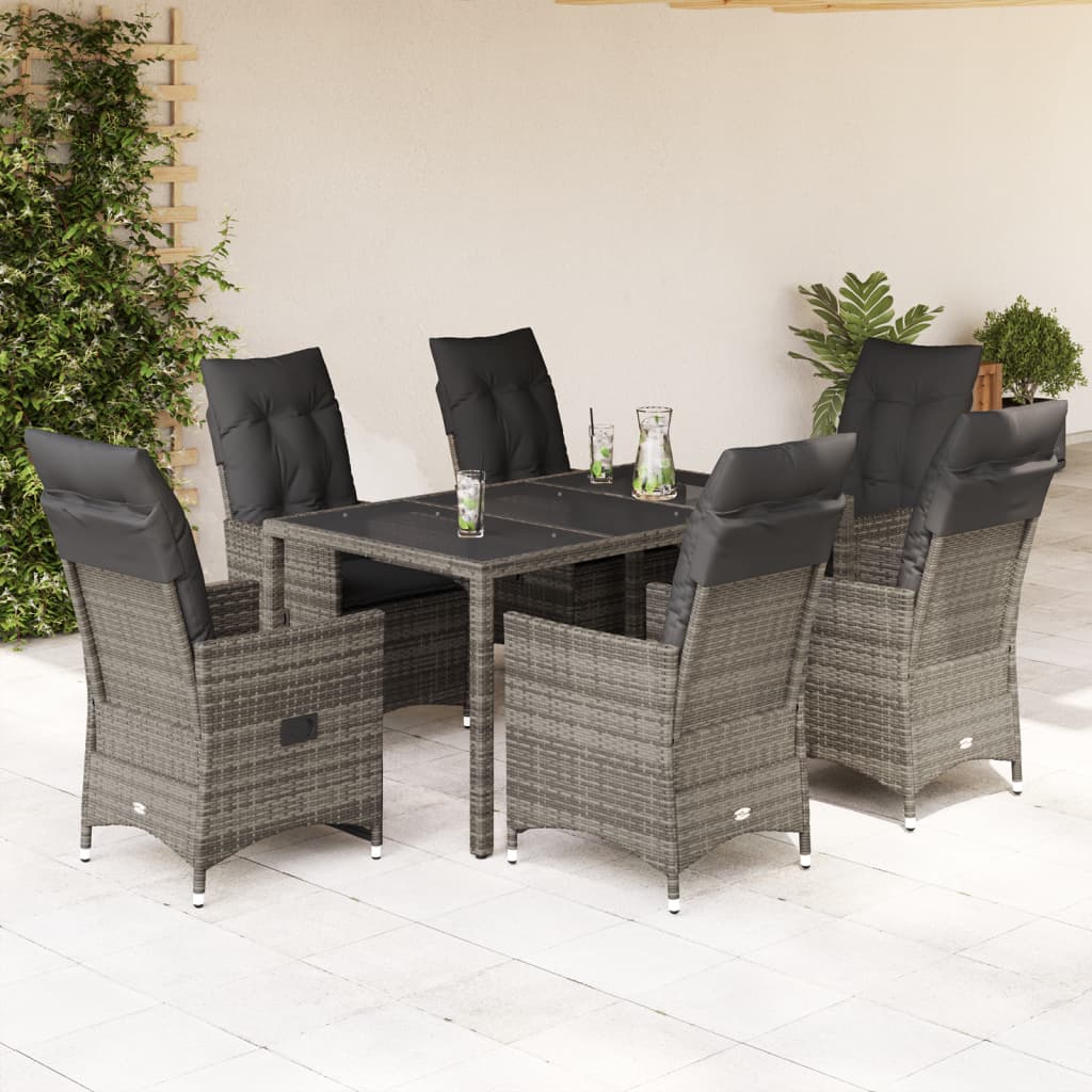 7-tlg. Garten-Essgruppe mit Kissen Grau Poly Rattan