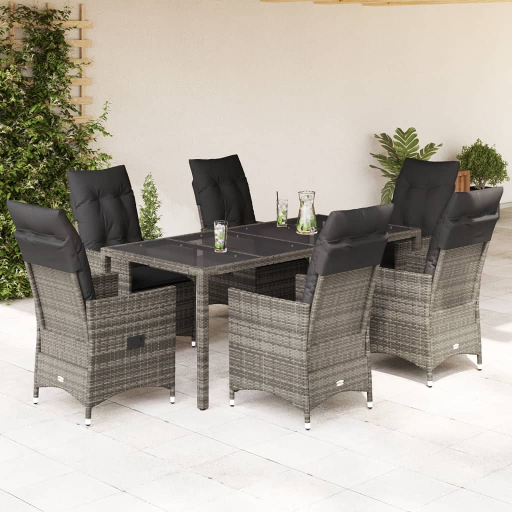 7-tlg. Garten-Essgruppe mit Kissen Grau Poly Rattan