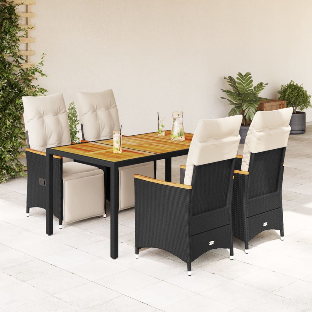 5-tlg. Garten-Bistro-Set mit Kissen Schwarz Poly Rattan
