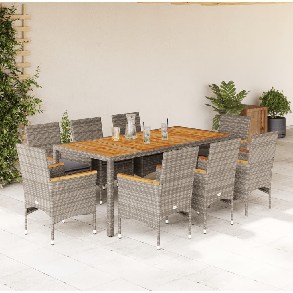 9-tlg. Garten-Essgruppe mit Kissen Grau Poly Rattan Akazie