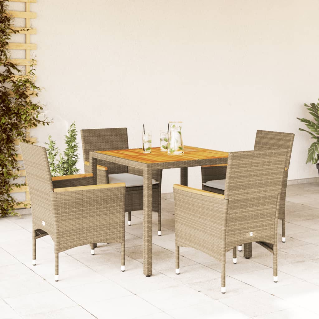 5-tlg. Garten-Essgruppe mit Kissen Beige Poly Rattan Akazie
