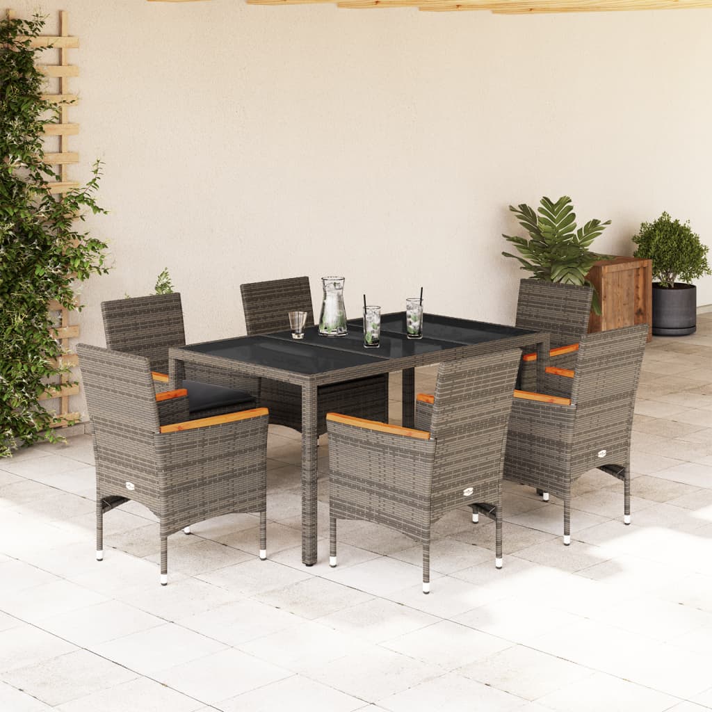 7-tlg. Garten-Essgruppe mit Kissen Grau Poly Rattan und Glas