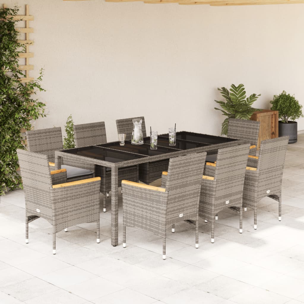 9-tlg. Garten-Essgruppe mit Kissen Grau Poly Rattan und Glas