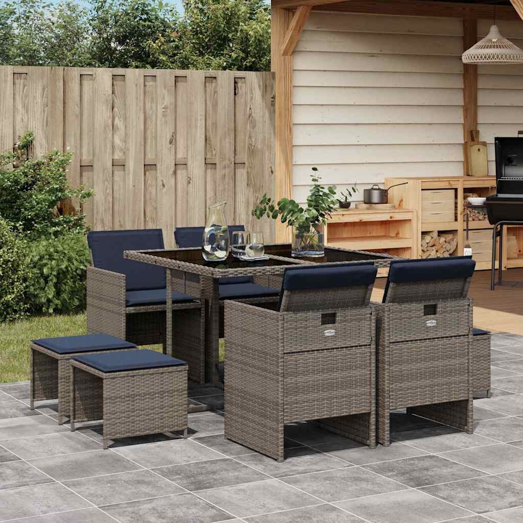 9-teiliges Garten-Ess-Set mit Kissen, grau, Polyrattan