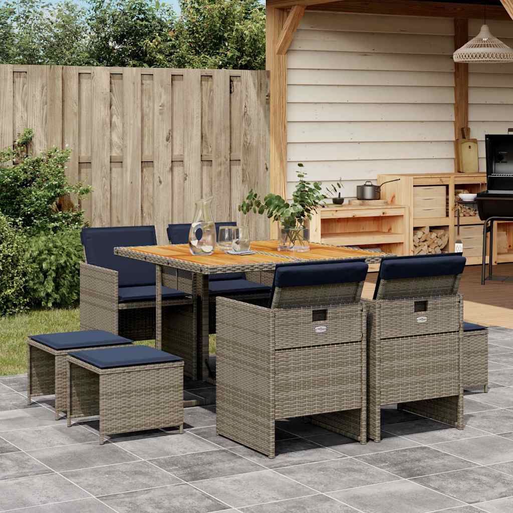 9-teiliges Garten-Ess-Set mit Kissen, grau, Polyrattan