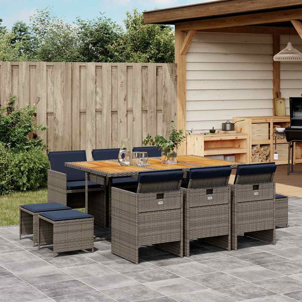 11-teiliges Garten-Ess-Set mit Kissen, grau, Polyrattan