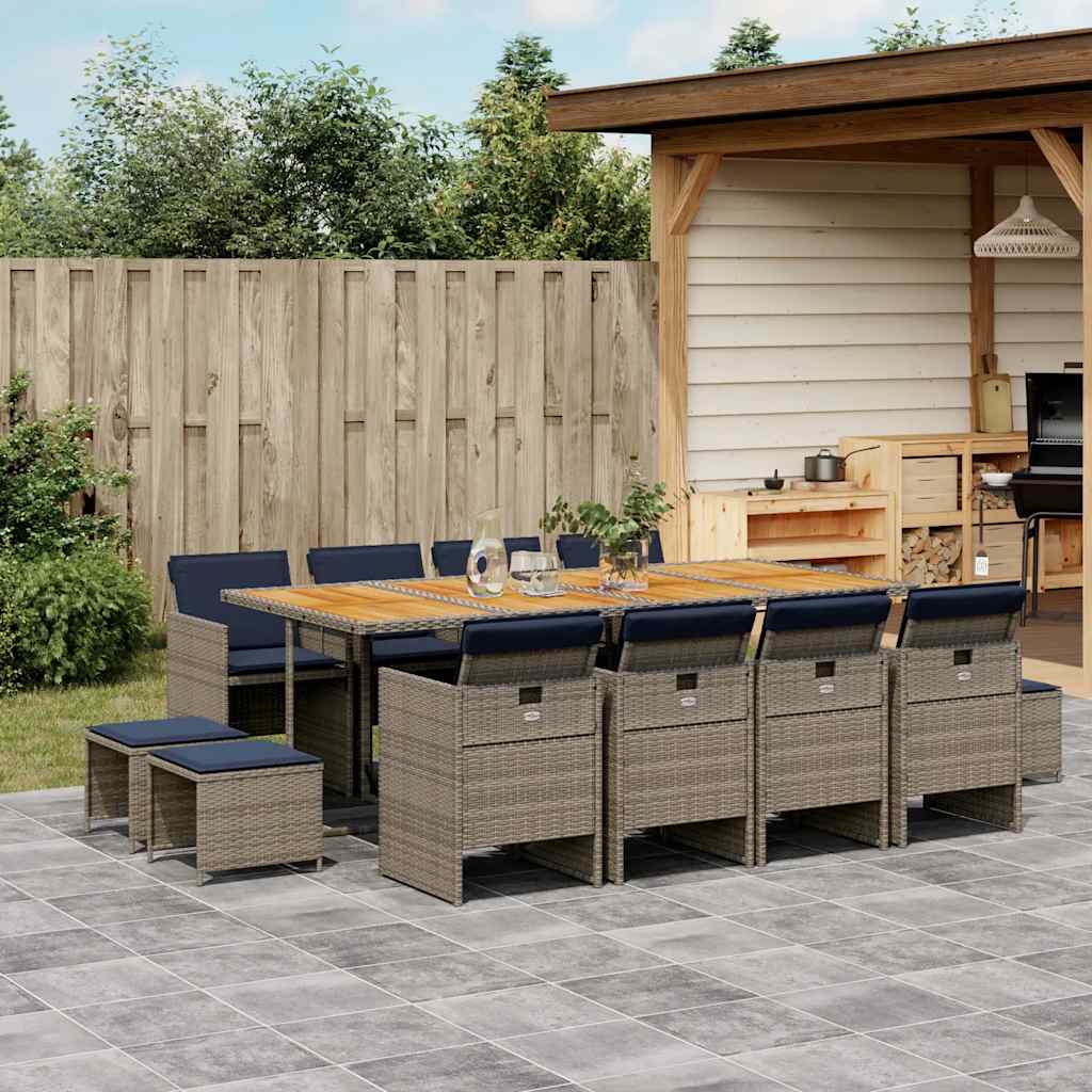 13-teiliges Garten-Ess-Set mit Kissen, grau, Polyrattan