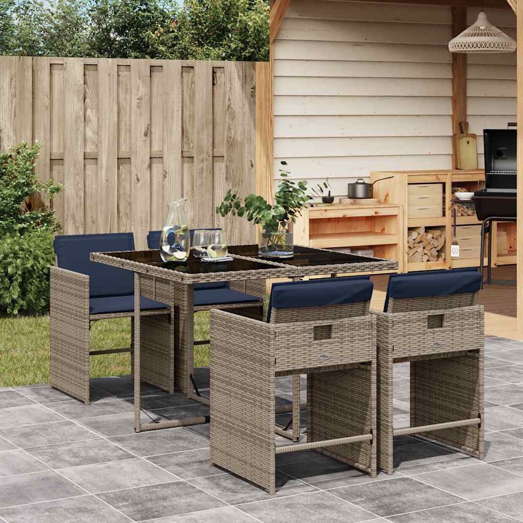 5-teiliges Garten-Ess-Set mit Kissen, grau, Polyrattan