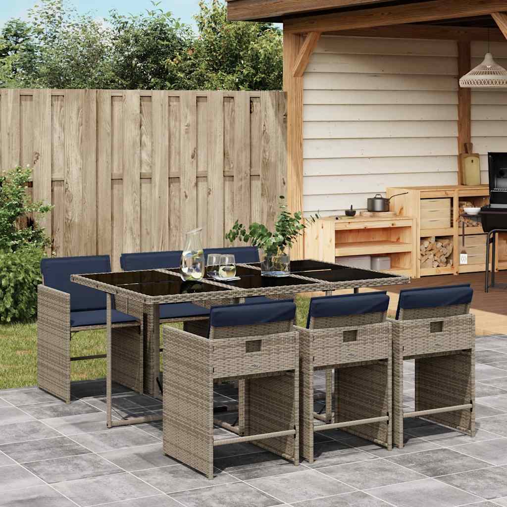 7-teiliges Garten-Ess-Set mit Kissen, grau, Polyrattan