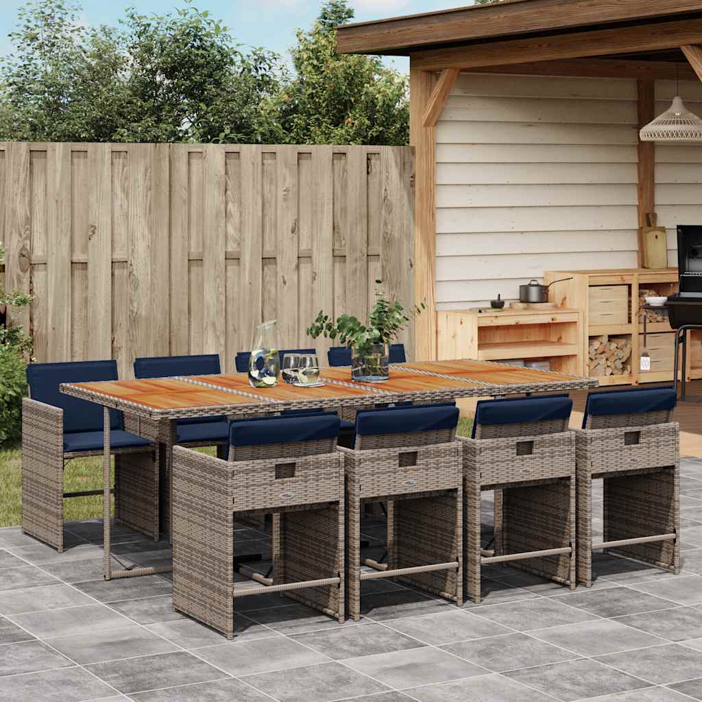 9-teiliges Garten-Ess-Set mit Kissen, grau, Polyrattan