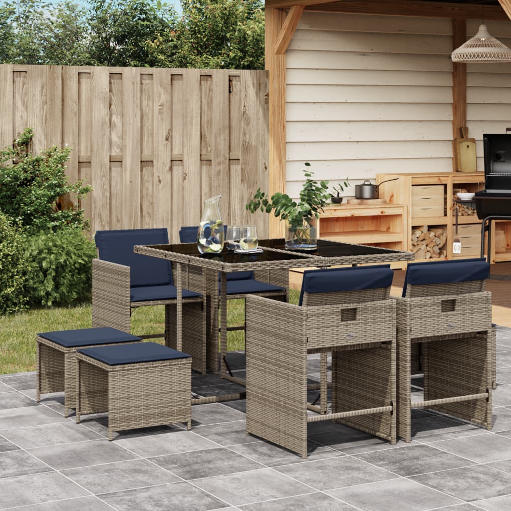 9-teiliges Garten-Ess-Set mit Kissen, grau, Polyrattan