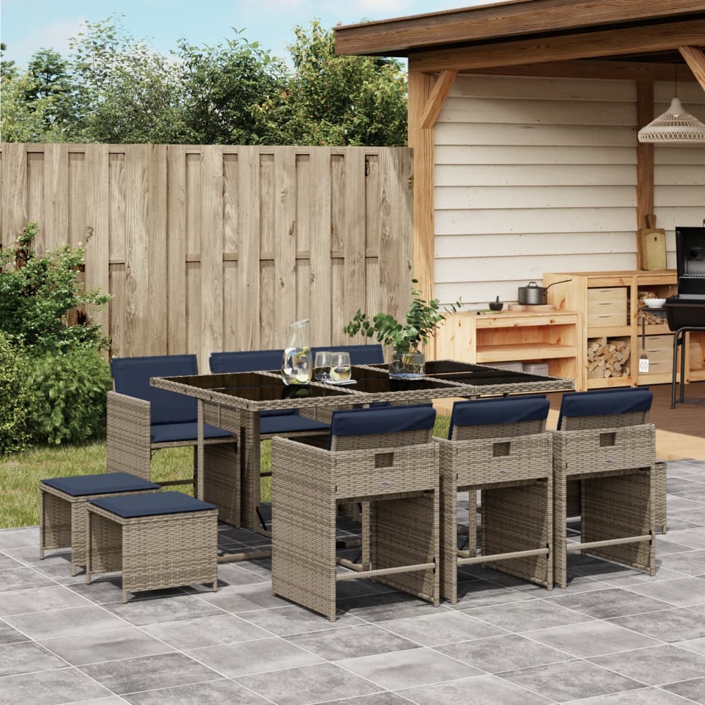 11-teiliges Garten-Ess-Set mit Kissen, grau, Polyrattan