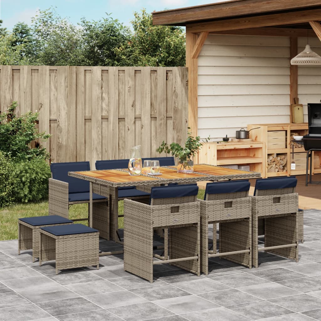 11-teiliges Garten-Ess-Set mit Kissen, grau, Polyrattan