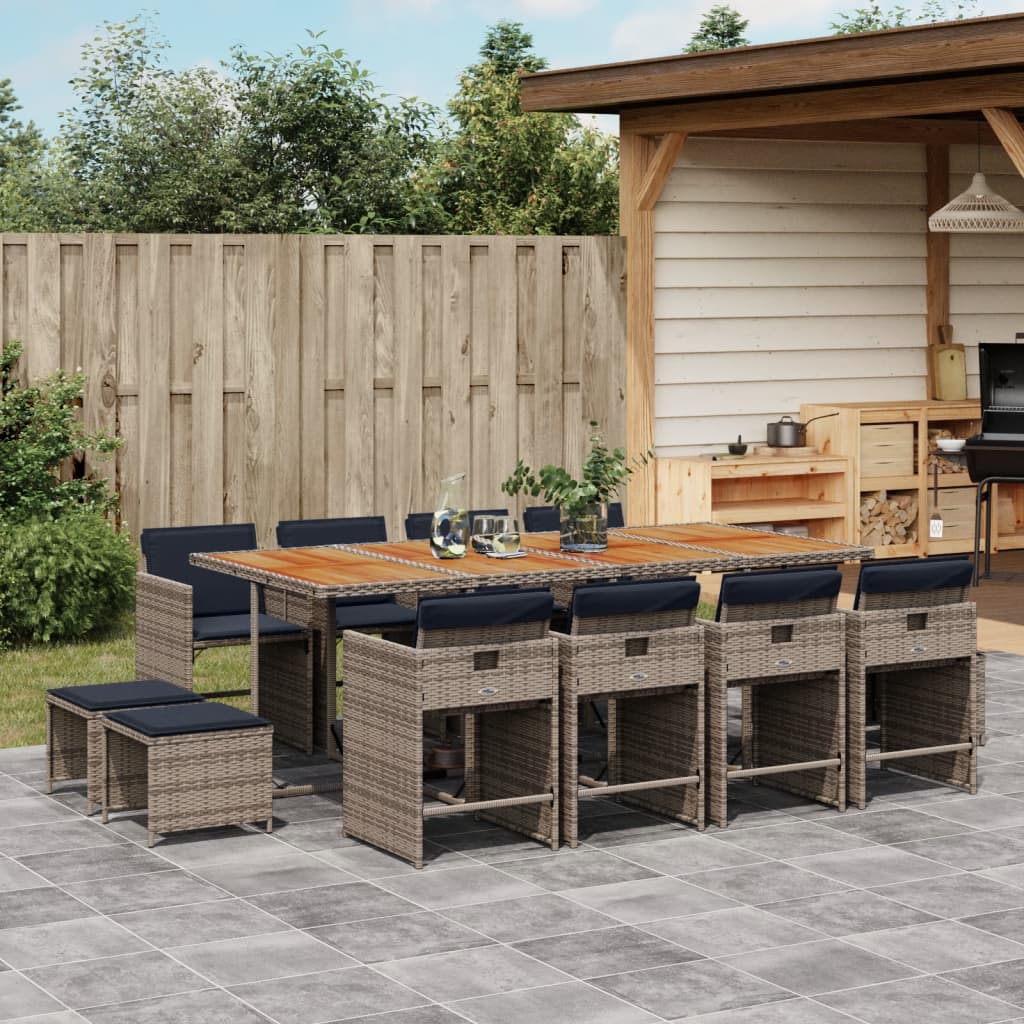 13-teiliges Garten-Ess-Set mit Kissen, grau, Polyrattan