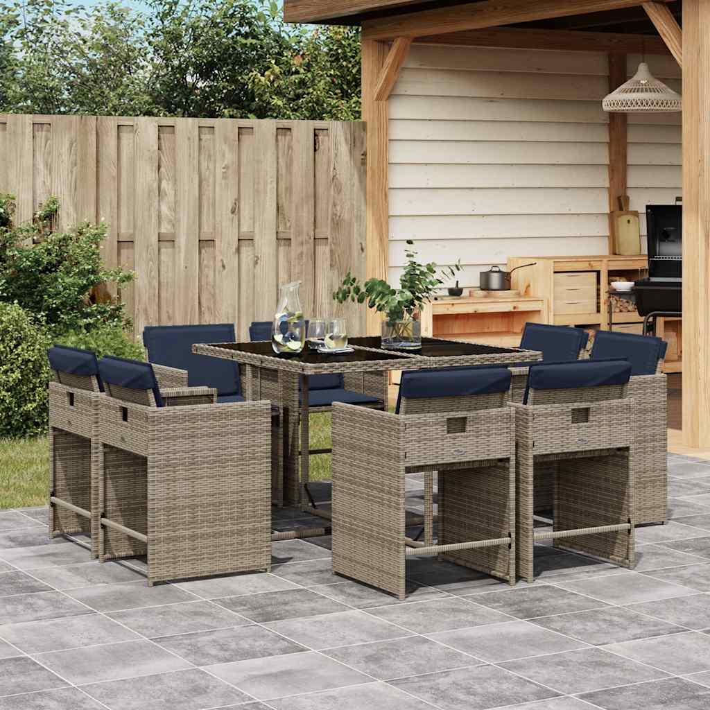 9-teiliges Garten-Ess-Set mit Kissen, grau, Polyrattan