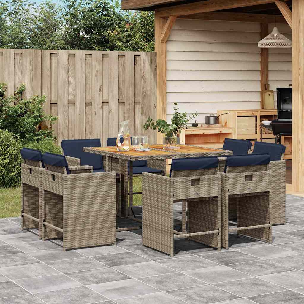 9-teiliges Garten-Ess-Set mit Kissen, grau, Polyrattan
