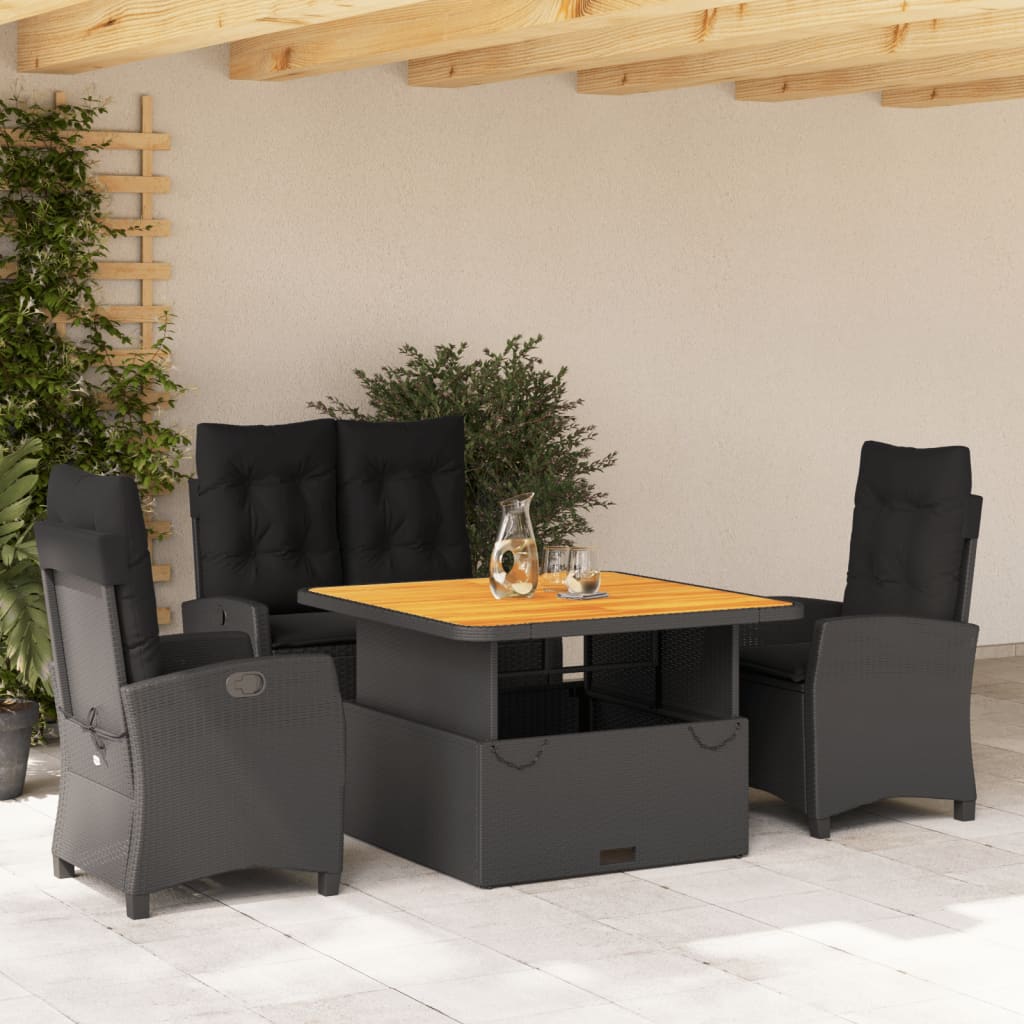 4-tlg. Garten-Essgruppe mit Kissen Schwarz Poly Rattan