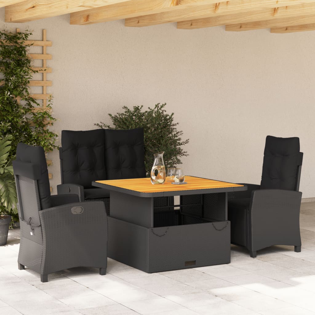 4-tlg. Garten-Essgruppe mit Kissen Schwarz Poly Rattan