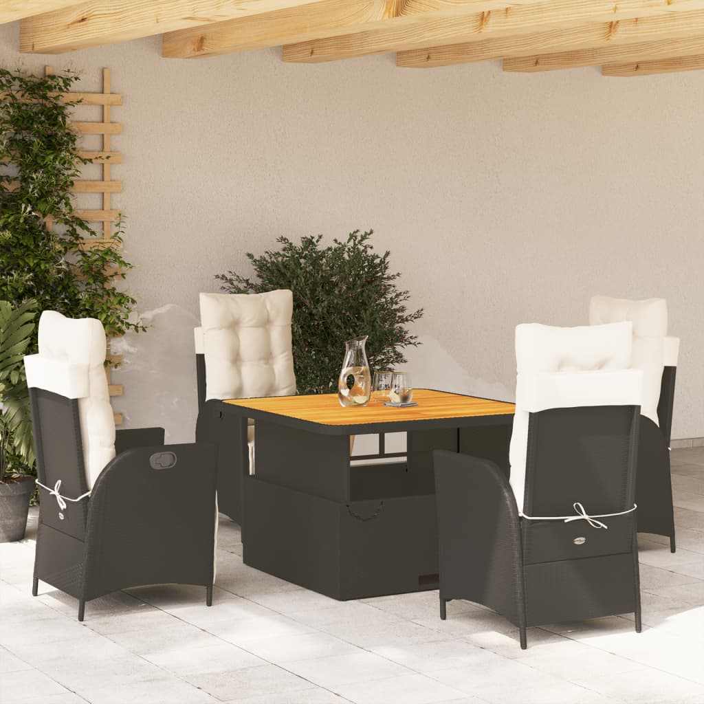 5-tlg. Garten-Essgruppe mit Kissen Schwarz Poly Rattan
