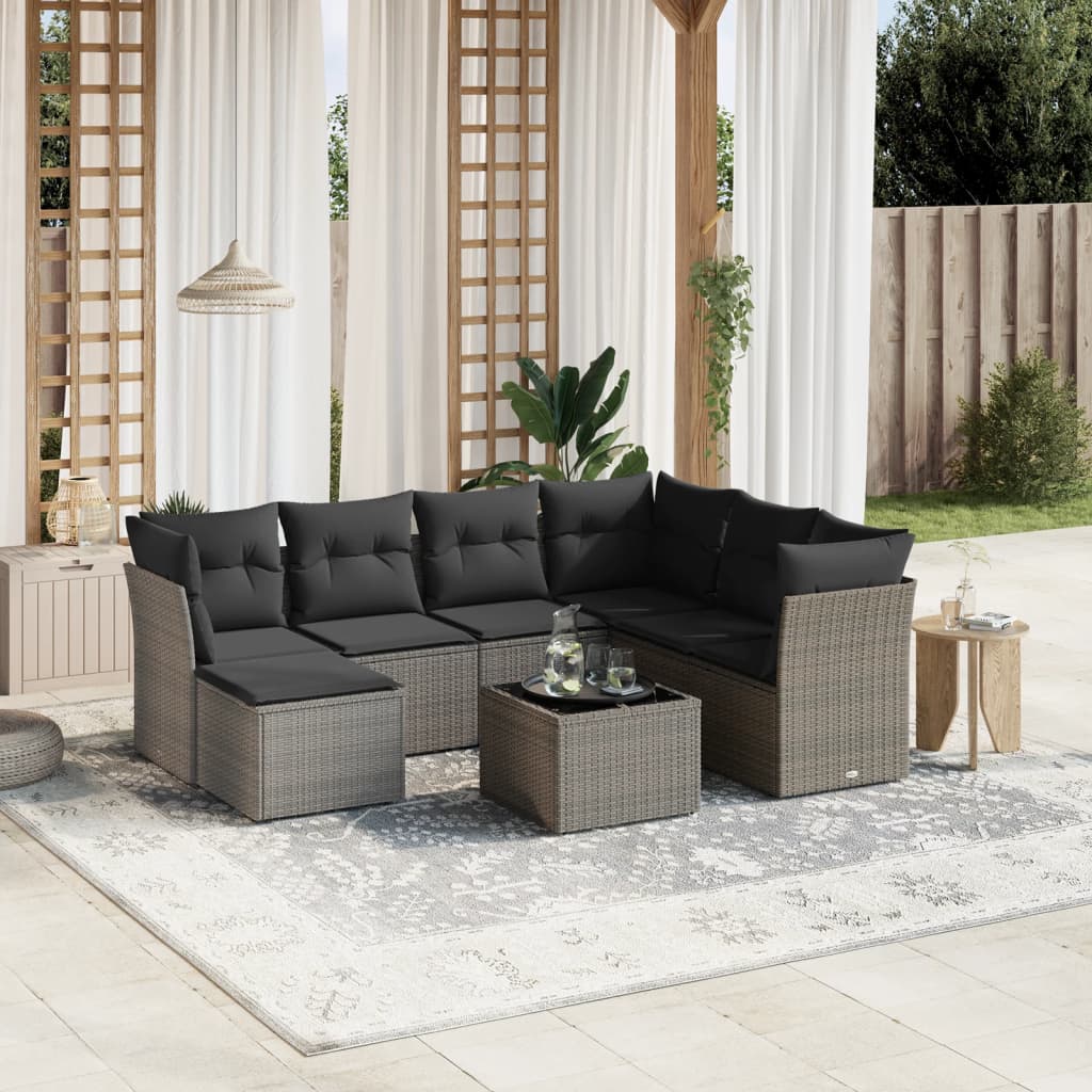 8-tlg. Garten-Sofagarnitur mit Kissen Grau Poly Rattan