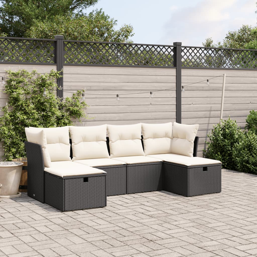 6-tlg. Garten-Sofagarnitur mit Kissen Schwarz Poly Rattan