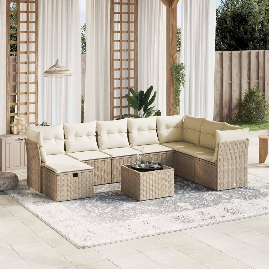 9-tlg. Garten-Sofagarnitur mit Kissen Beige Poly Rattan