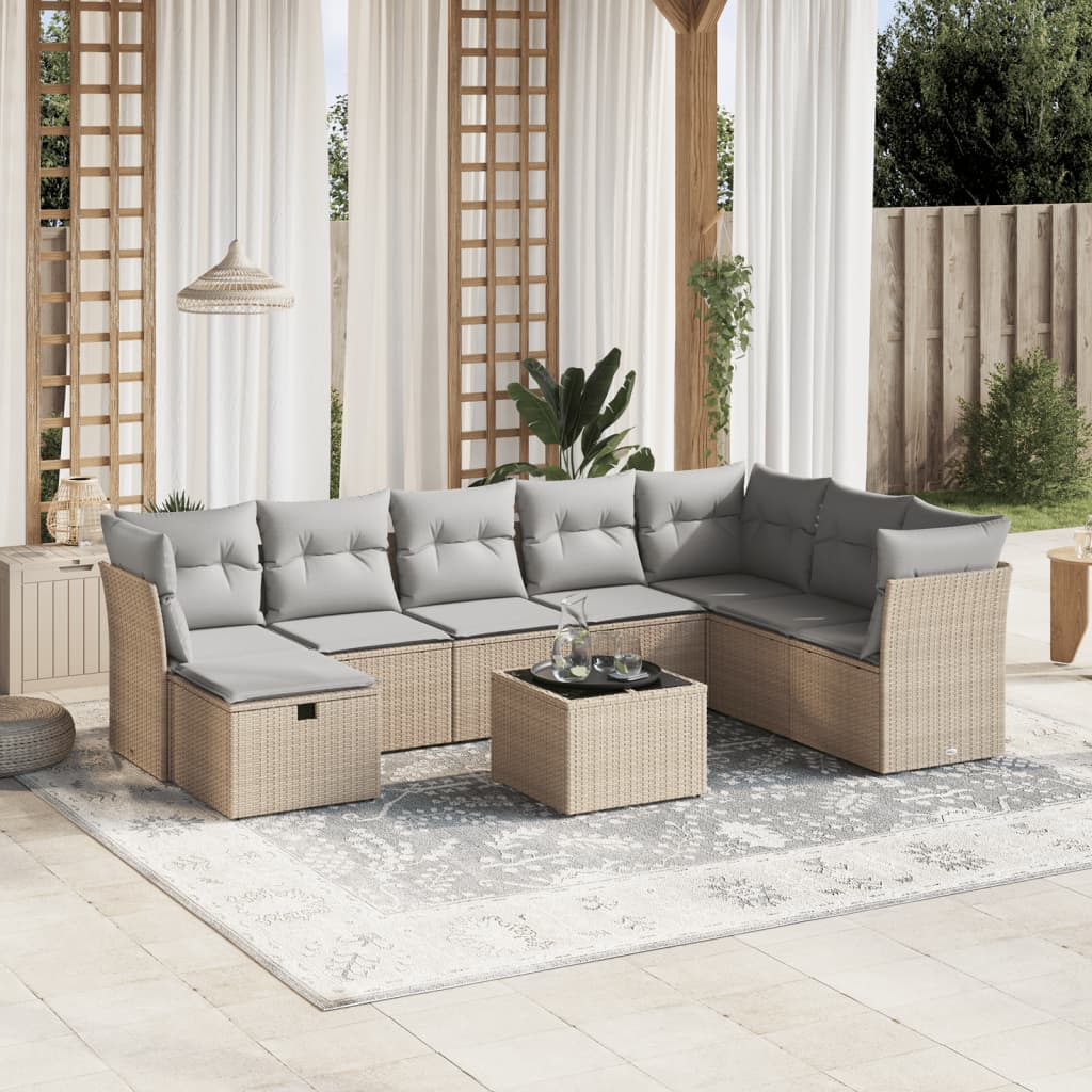 9-tlg. Garten-Sofagarnitur mit Kissen Beige Poly Rattan