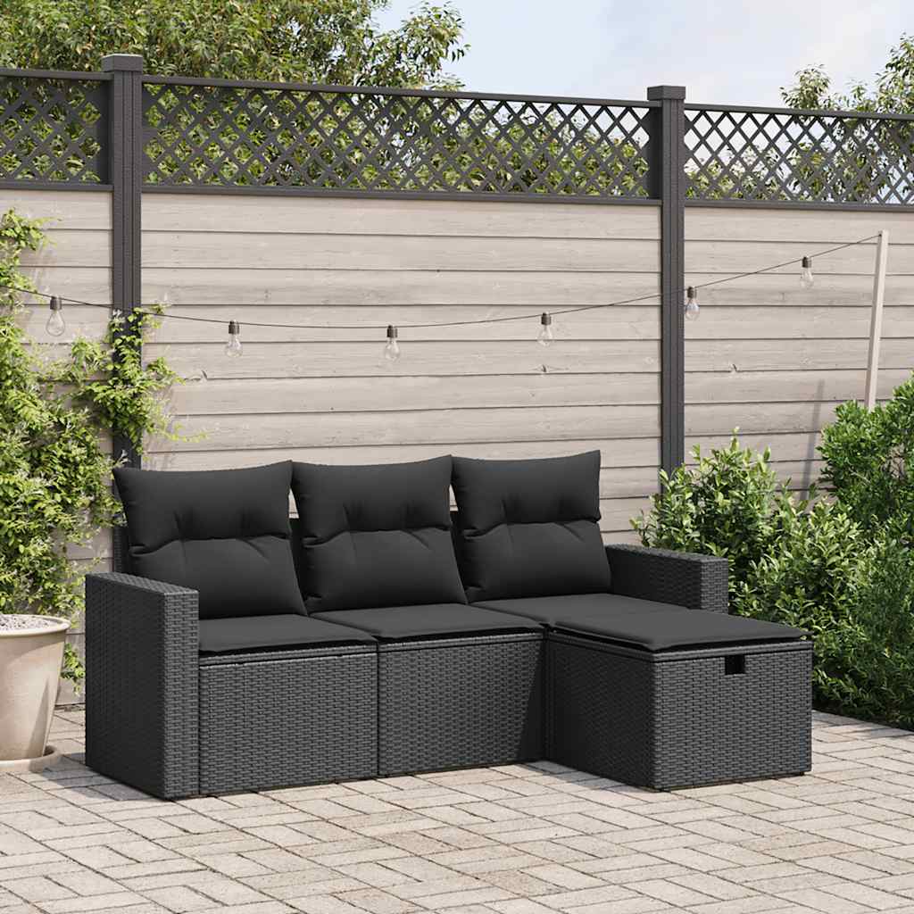 4-tlg. Garten-Sofagarnitur mit Kissen Schwarz Poly Rattan