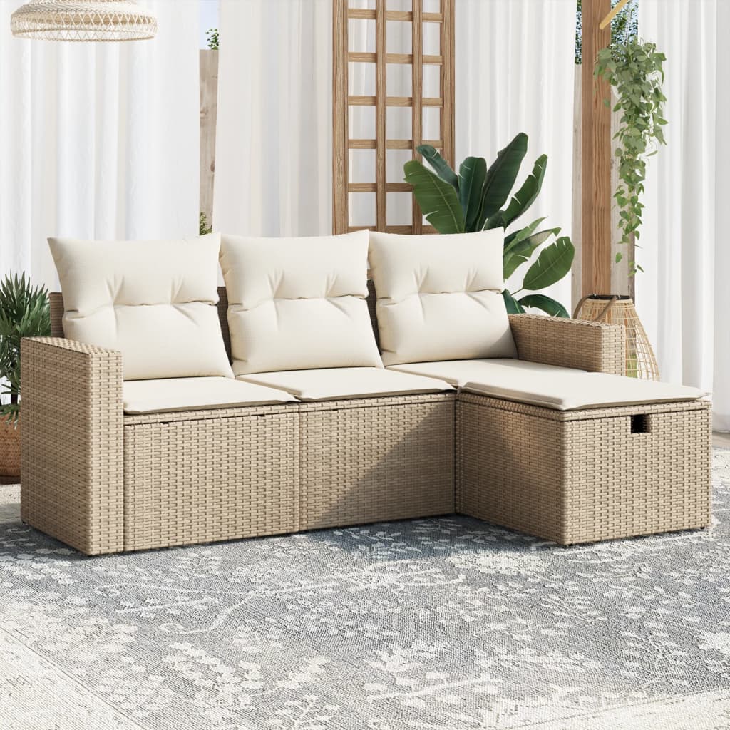 4-tlg. Garten-Sofagarnitur mit Kissen Beige Poly Rattan