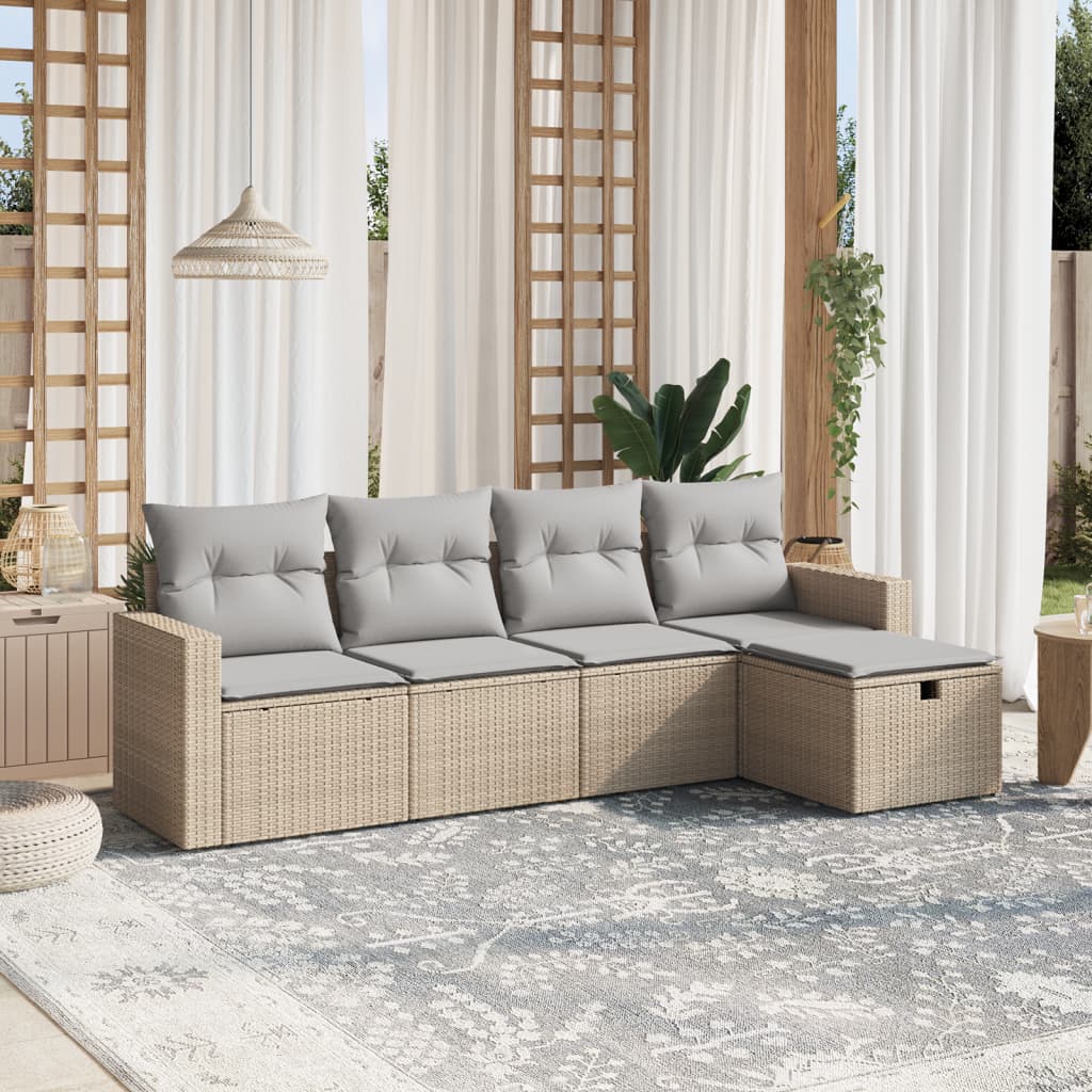 5-tlg. Garten-Sofagarnitur mit Kissen Beige Poly Rattan