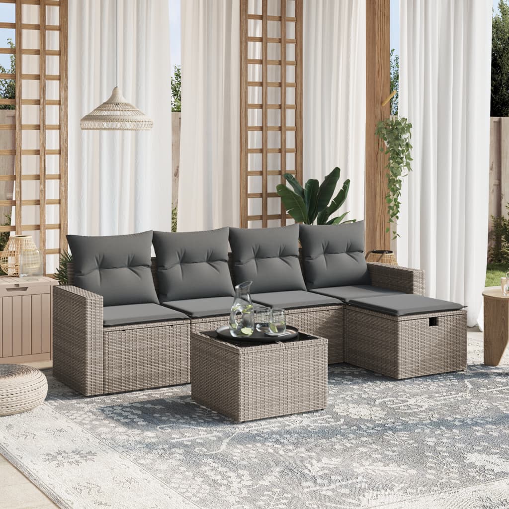 6-tlg. Garten-Sofagarnitur mit Kissen Grau Poly Rattan