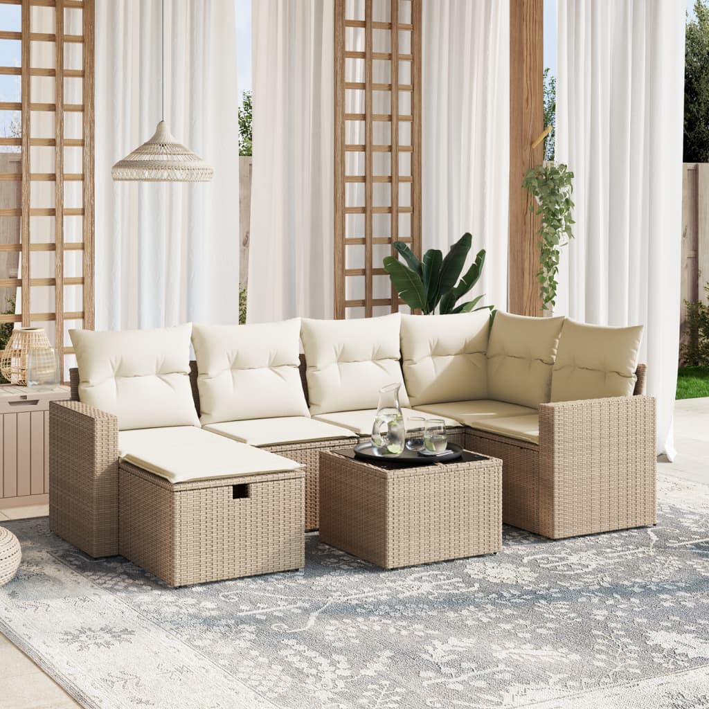 7-tlg. Garten-Sofagarnitur mit Kissen Beige Poly Rattan