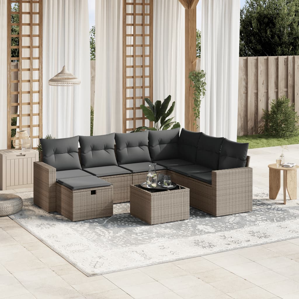 8-tlg. Garten-Sofagarnitur mit Kissen Grau Poly Rattan