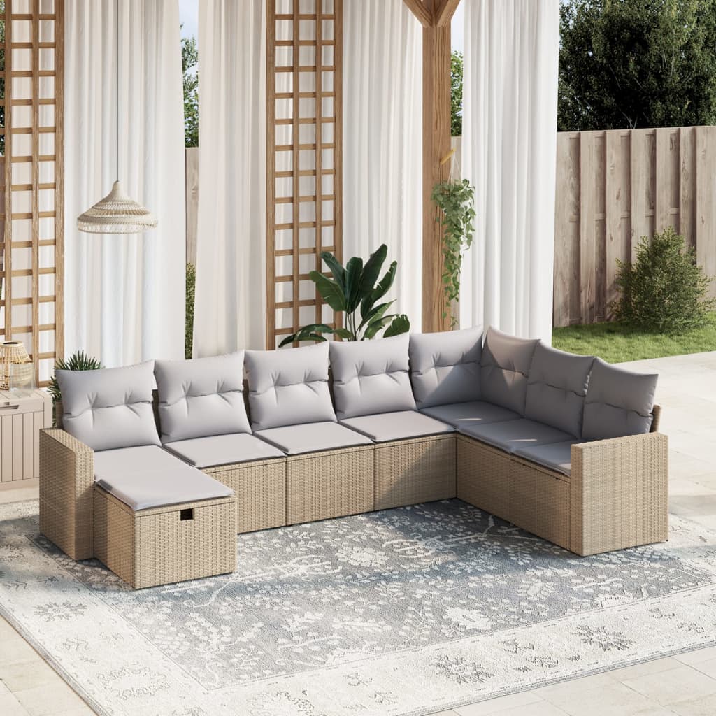 8-tlg. Garten-Sofagarnitur mit Kissen Beige Poly Rattan