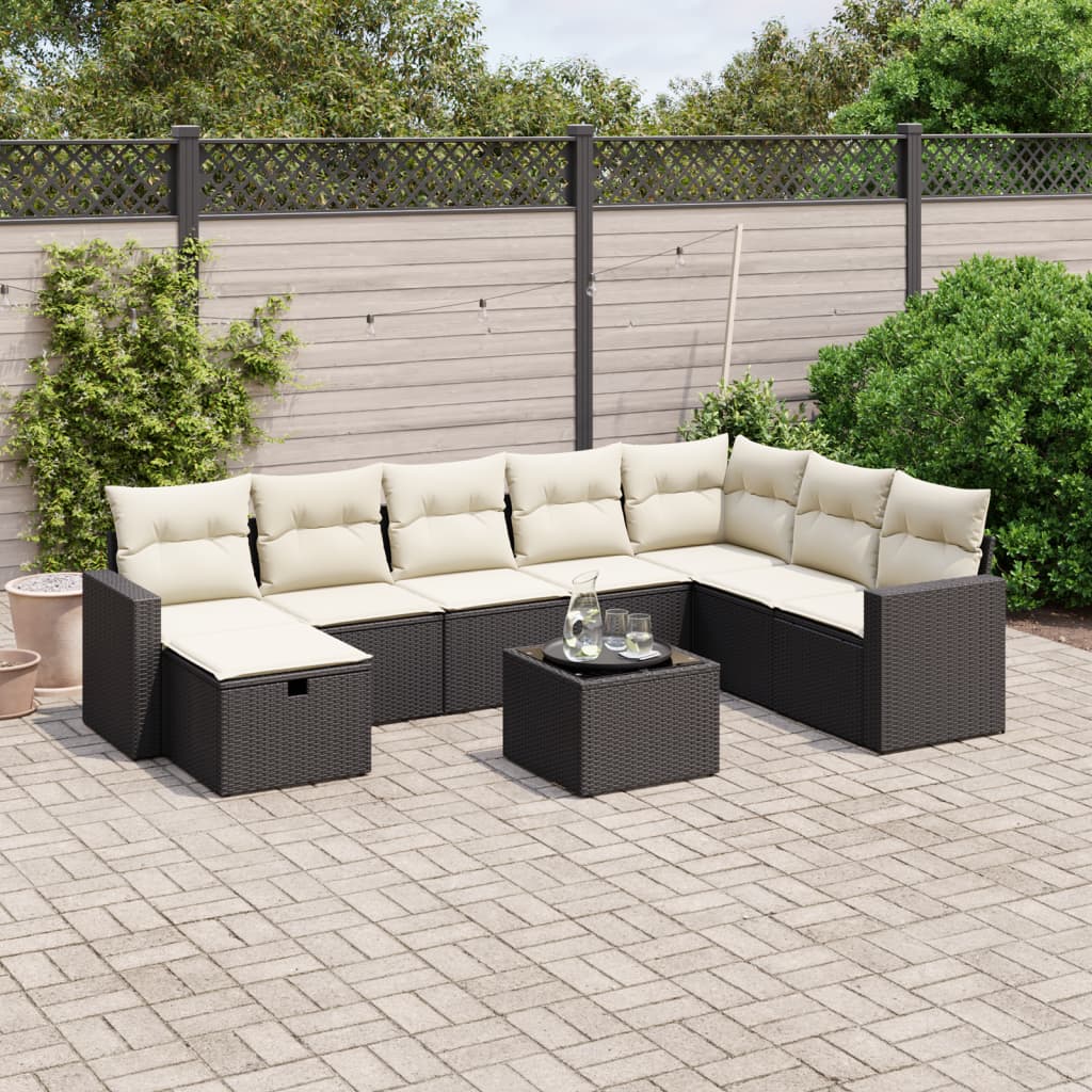 9-tlg. Garten-Sofagarnitur mit Kissen Schwarz Poly Rattan