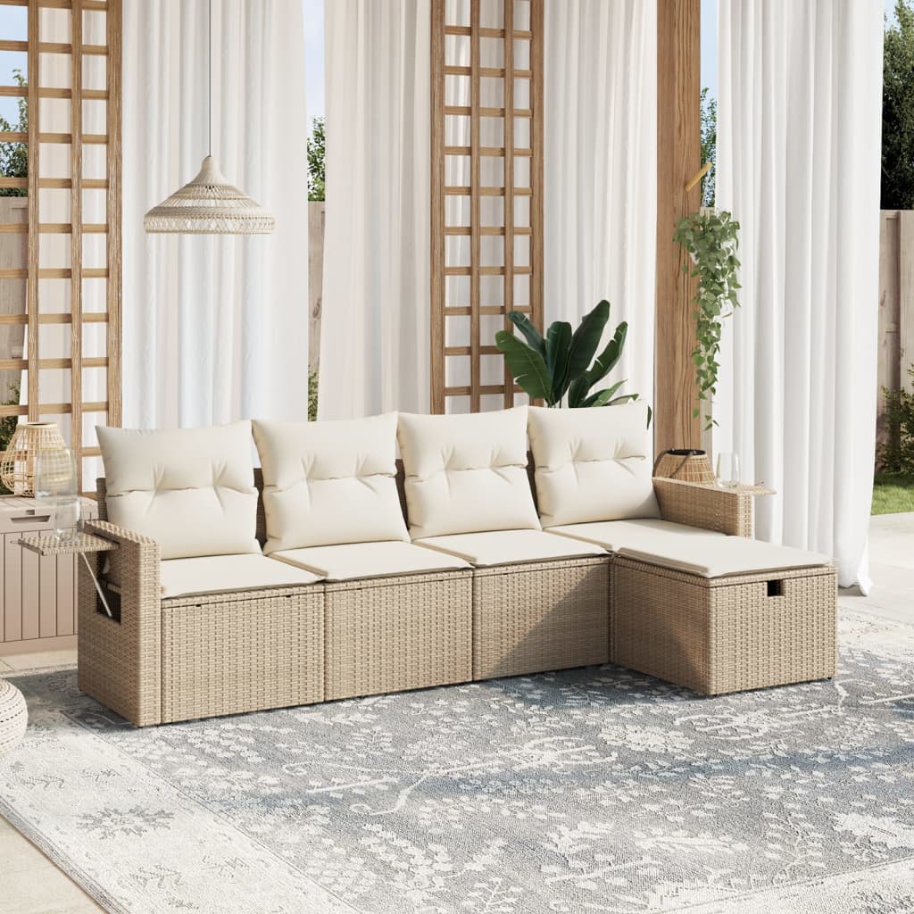 5-tlg. Garten-Sofagarnitur mit Kissen Beige Poly Rattan
