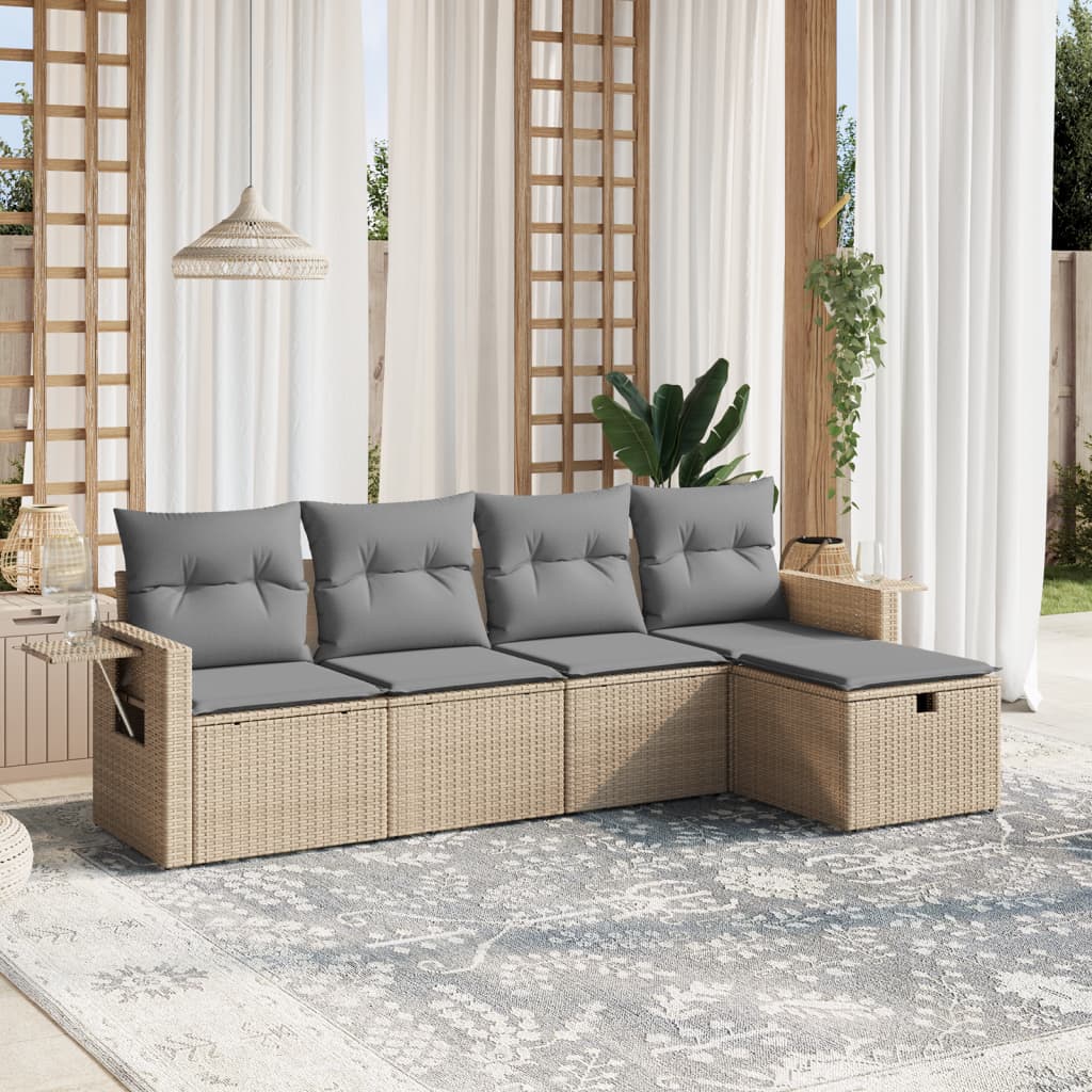 5-tlg. Garten-Sofagarnitur mit Kissen Beige Poly Rattan