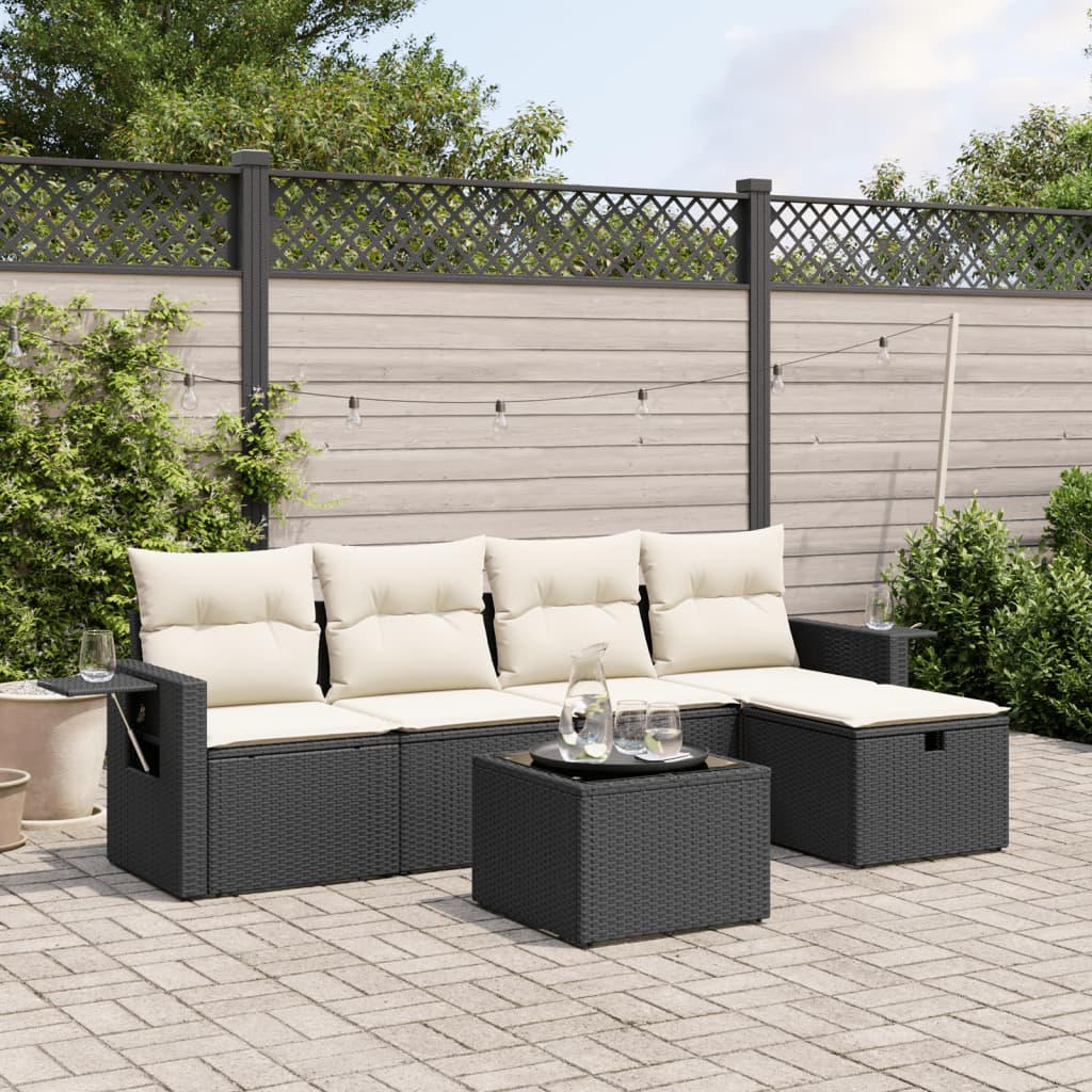 6-tlg. Garten-Sofagarnitur mit Kissen Schwarz Poly Rattan