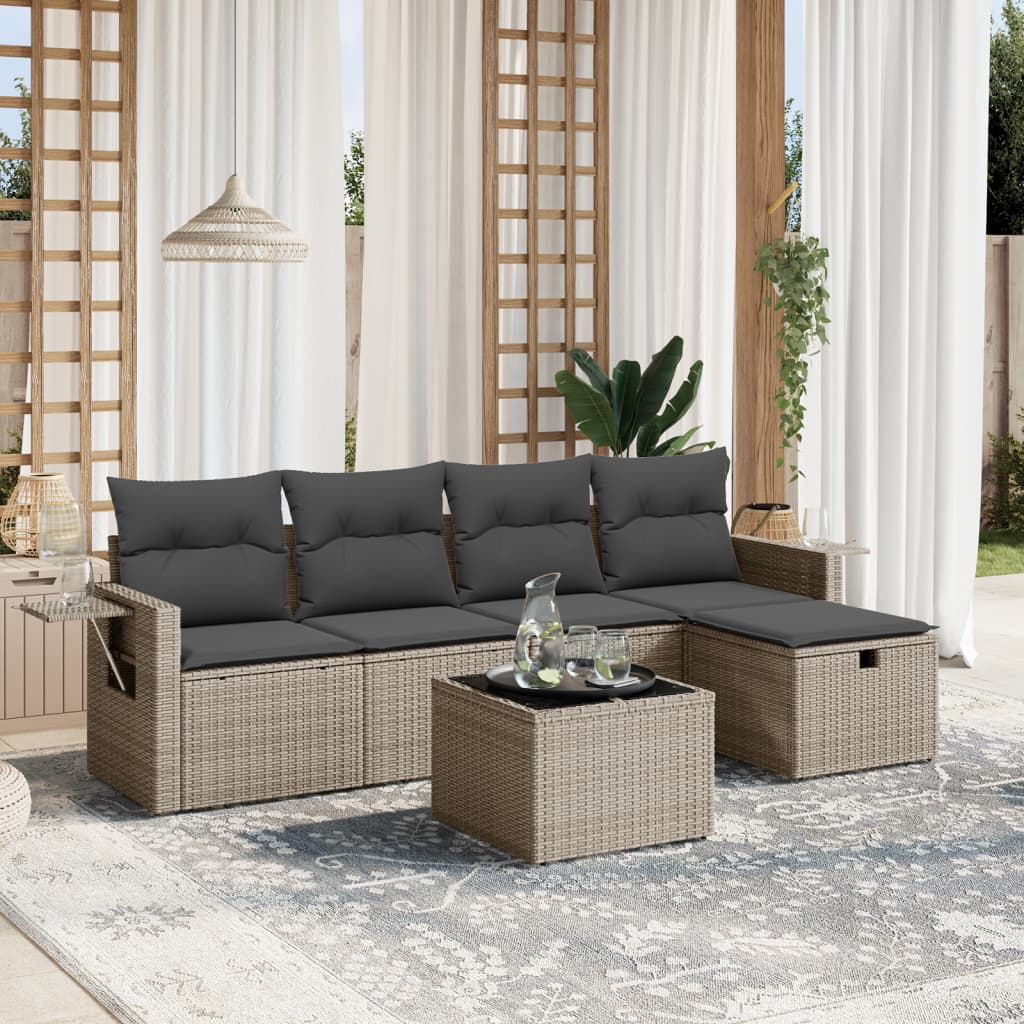 6-tlg. Garten-Sofagarnitur mit Kissen Grau Poly Rattan