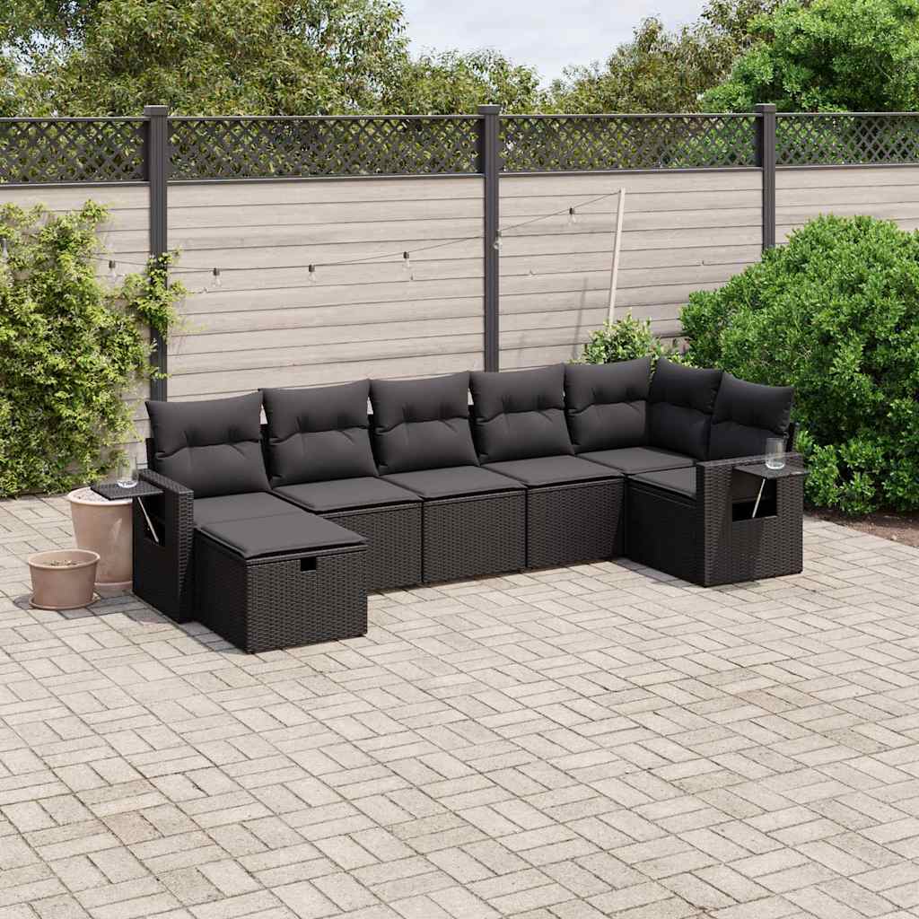 7-tlg. Garten-Sofagarnitur mit Kissen Schwarz Poly Rattan