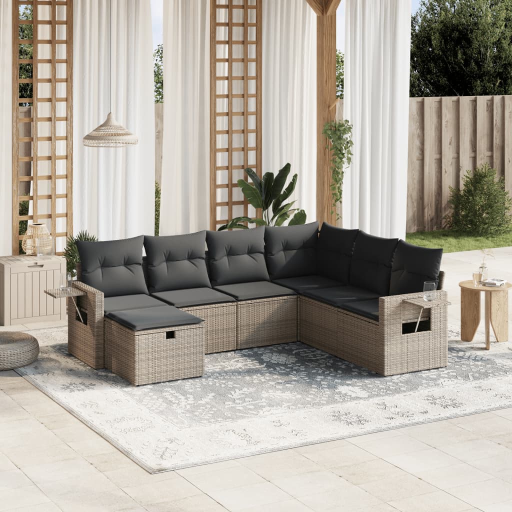 7-tlg. Garten-Sofagarnitur mit Kissen Grau Poly Rattan