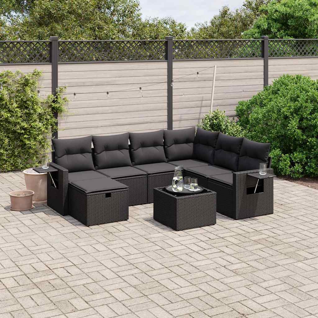 8-tlg. Garten-Sofagarnitur mit Kissen Schwarz Poly Rattan
