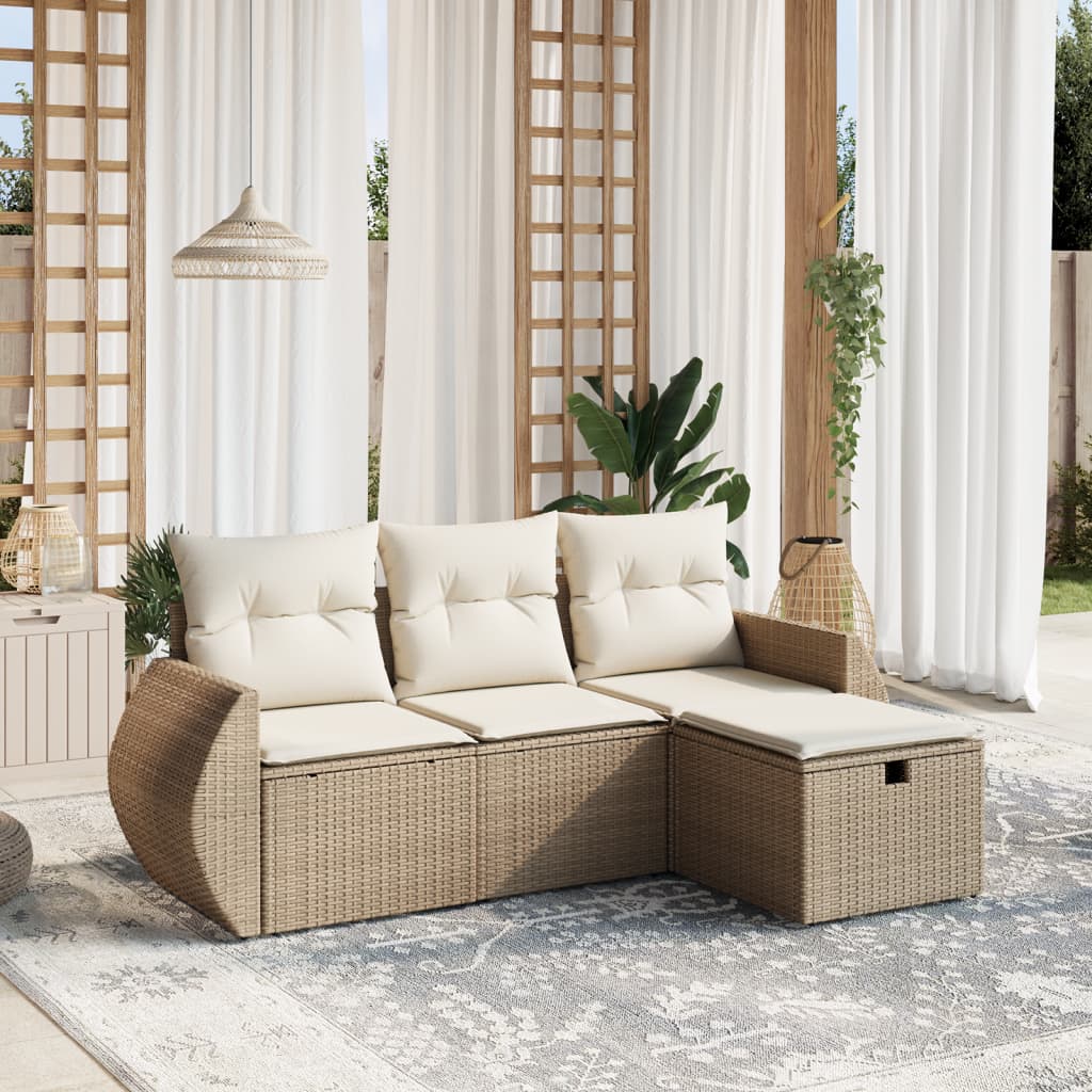 4-tlg. Garten-Sofagarnitur mit Kissen Beige Poly Rattan