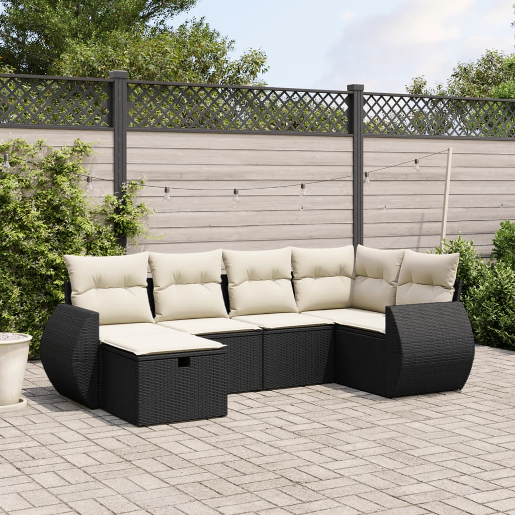 6-tlg. Garten-Sofagarnitur mit Kissen Schwarz Poly Rattan